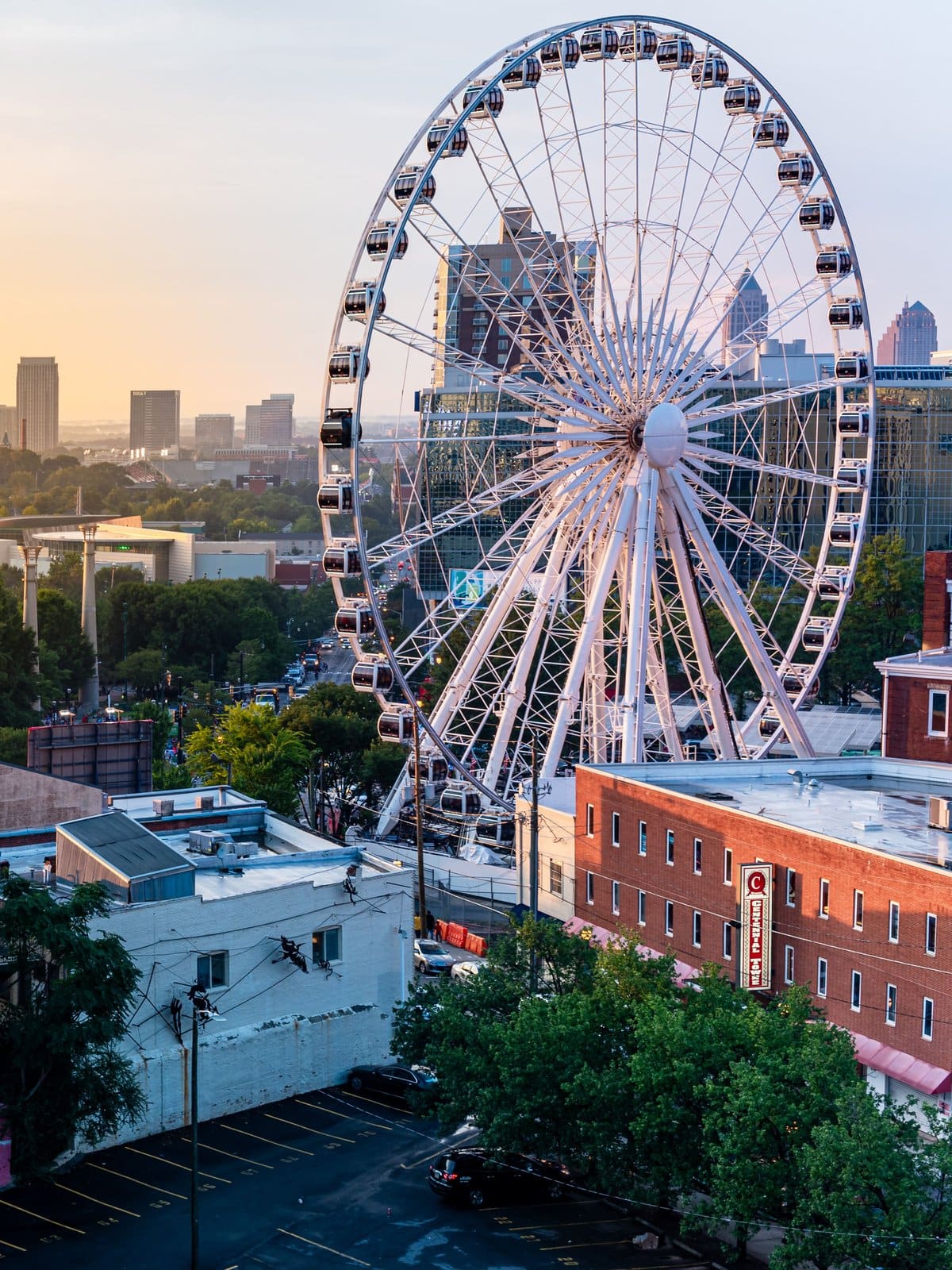 Downtown Atlanta skyline at golden hour with the Skyview Ferris wheel